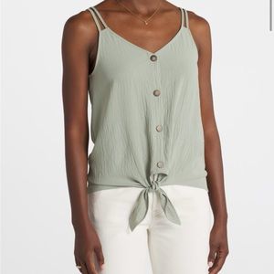 Kaileigh, Etta Tie front Tank. Is a sea foam/moss green (light green).